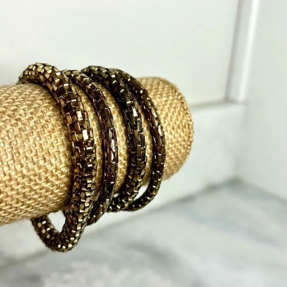 Set Of 4 Stack Metal Mesh Snake Chain Stretch Bracelet Gold-tone Multi Sizes